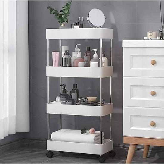 Set 2 Suporturi pentru Depozitare cu 4 Rafturi, Tip Carucior Modular pentru Baie si Bucatarie