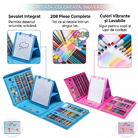 Set Pictura si Desen pentru Copii 208 Piese cu Suport pentru Foaie de Desen, Albastru, 3+ Ani