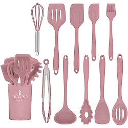 Set 11 ustensile de bucatarie, Antiaderente, Silicon, Maner din lemn