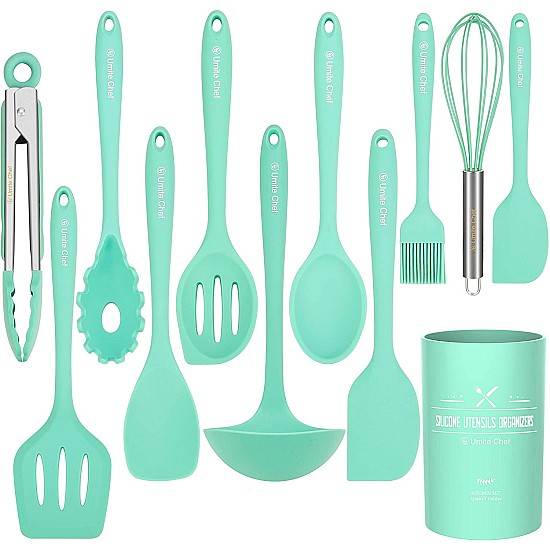Set 11 ustensile de bucatarie, Antiaderente, Silicon, Maner din lemn