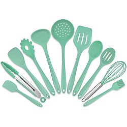 Set 11 ustensile de bucatarie, Antiaderente, Silicon, Maner din lemn