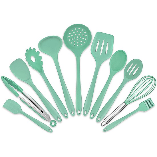 Set 11 ustensile de bucatarie, Antiaderente, Silicon, Maner din lemn