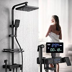 Sistem de dus premium cu display digital, 4 functii, cap tip ploaie si para dus, finisaj negru mat