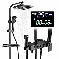 Sistem de dus premium cu display digital, 4 functii, cap tip ploaie si para dus, finisaj negru mat