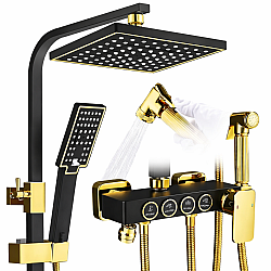 Sistem de dus premium cu 4 functii, cap tip ploaie, para dus si baterie cu control butoane, finisaj negru auriu