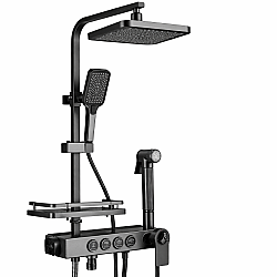 Sistem de dus modern gri gunmetal cu 4 functii, cap tip ploaie, para dus si control pe butoane