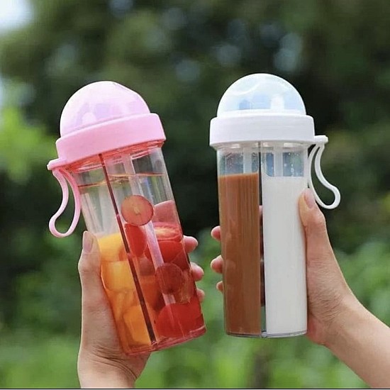 Sticla cu 2 compartimente si 2 paie pentru bauturi, 600 ml 