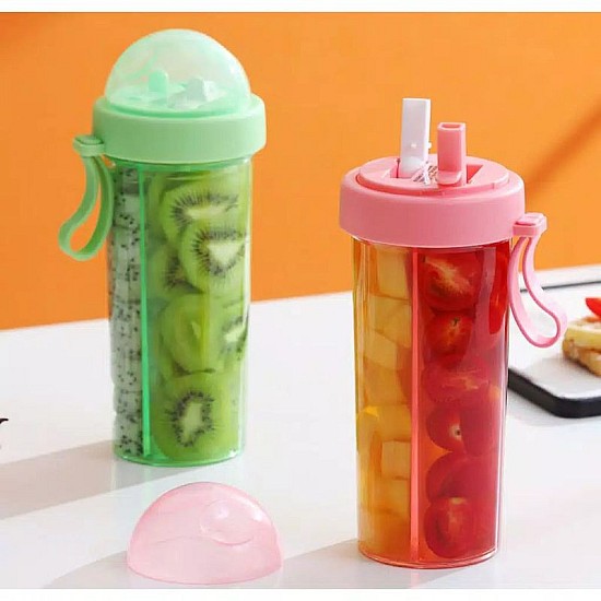 Sticla cu 2 compartimente si 2 paie pentru bauturi, 600 ml 