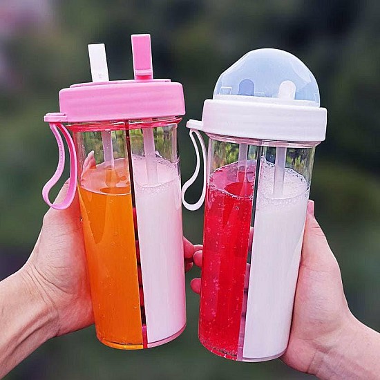 Sticla cu 2 compartimente si 2 paie pentru bauturi, 600 ml 