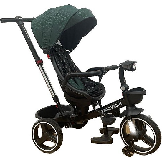 Tricicleta cu pozitie de somn, scaun reversibil, 8-36 luni cu 2 cosulete, culoare verde