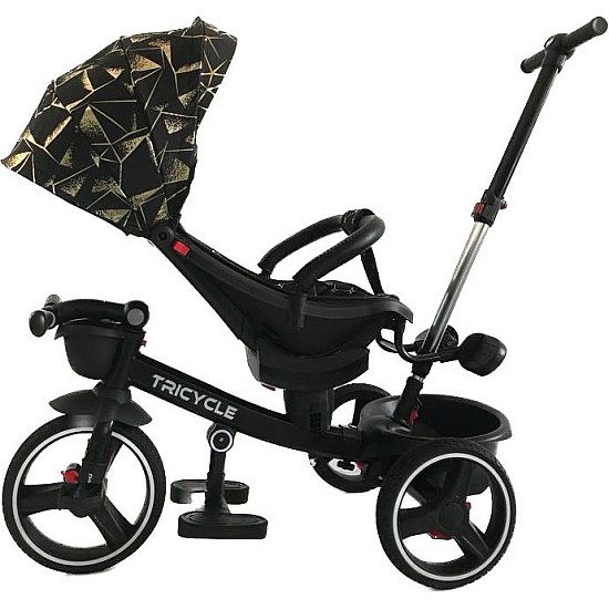 Tricicleta cu pozitie de somn, scaun reversibil, 8-36 luni cu 2 cosulete,culoare negru/auriu