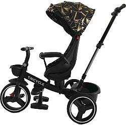 Tricicleta cu pozitie de somn, scaun reversibil, 8-36 luni cu 2 cosulete,culoare negru/auriu