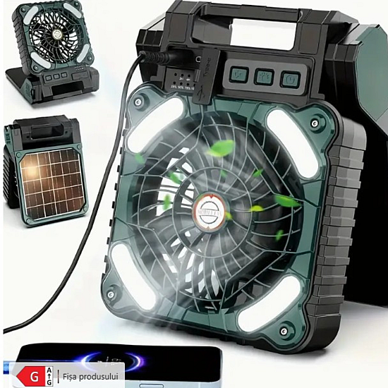 Ventilator camping solar 10400 mAh cu LED și 4 viteze